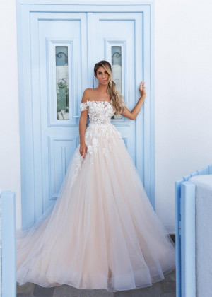 Off Shoulder Beaded Ivory Lace Tulle Wedding Dress